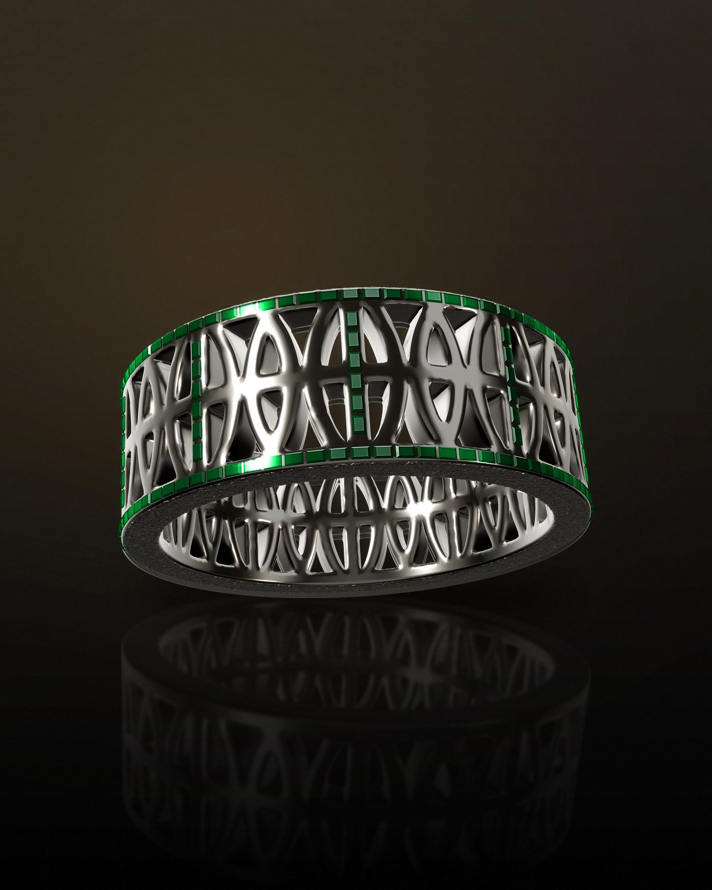 The Loyalty Band in platinum 950, set with baguette-cut emeralds along both rails and up each vertical bar, frosted rims