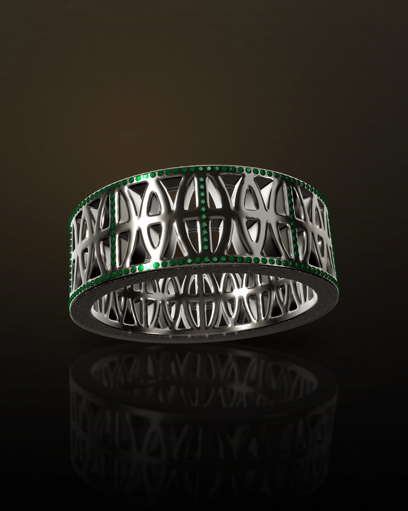 The Loyalty Band in platinum 950, set with round-cut emeralds along both rails and up each vertical bar, frosted rims