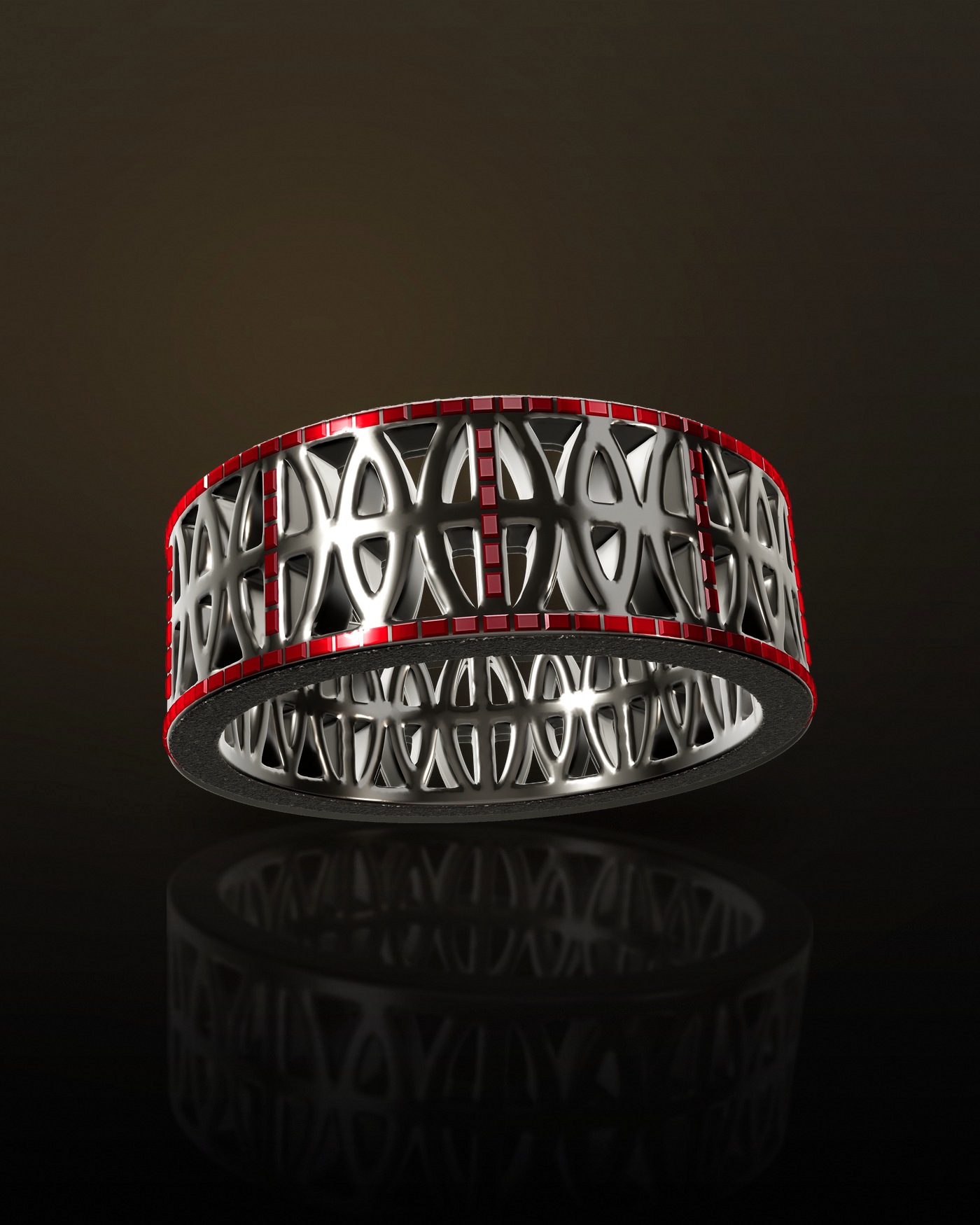 The Loyalty Band in platinum 950, set with baguette-cut rubies along both rails and up each vertical bar, frosted rims