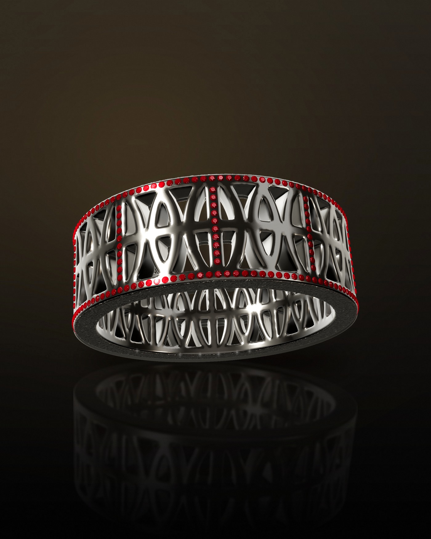 The Loyalty Band in platinum 950, set with round-cut rubies along both rails and up each vertical bar, frosted rims