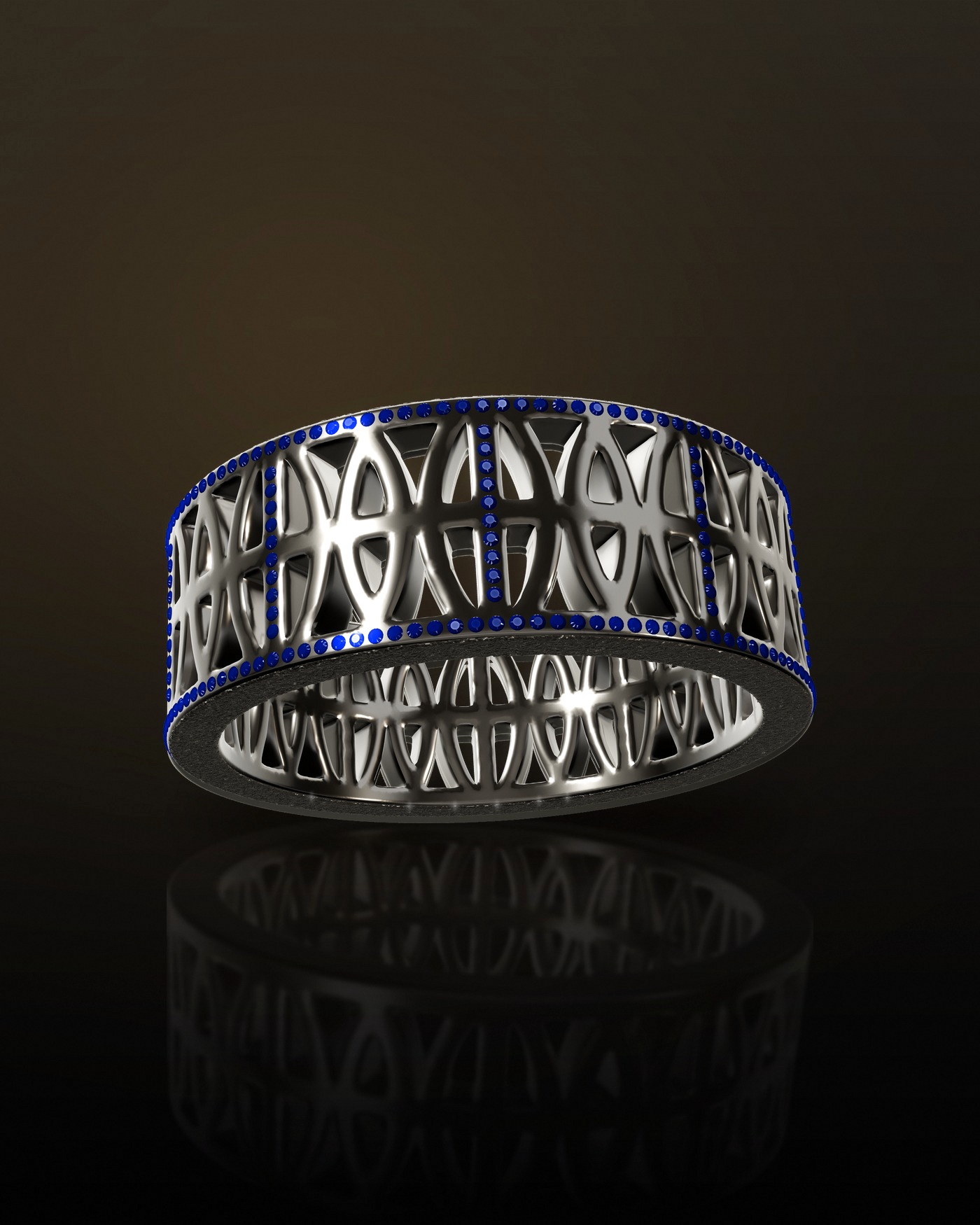 The Loyalty Band in platinum 950, set with round-cut blue sapphires along both rails and up each vertical bar, frosted rims