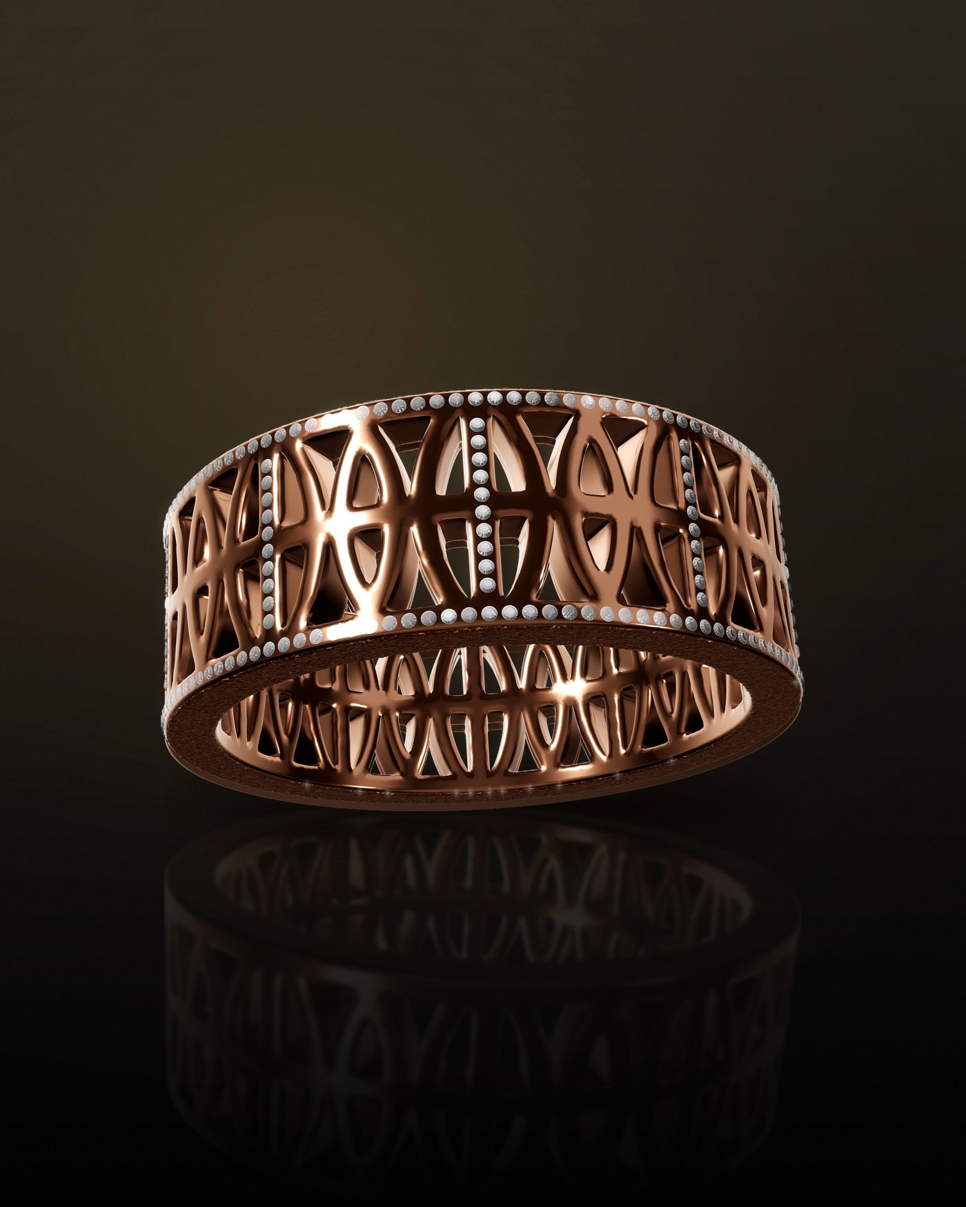 The Loyalty Band in 18k rose gold, set with round brilliants along both rails and up each vertical bar, frosted rims