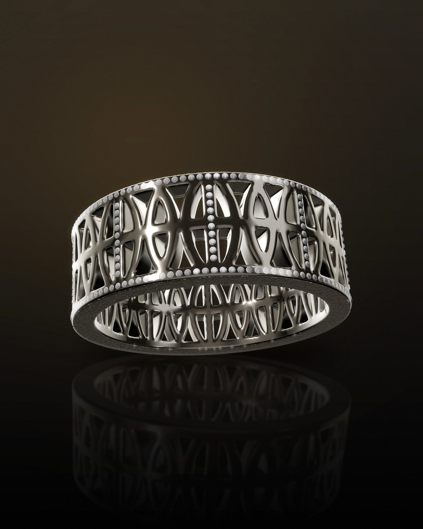 The Loyalty Band in 18k white gold, set with round brilliants along both rails and up each vertical bar, frosted rims