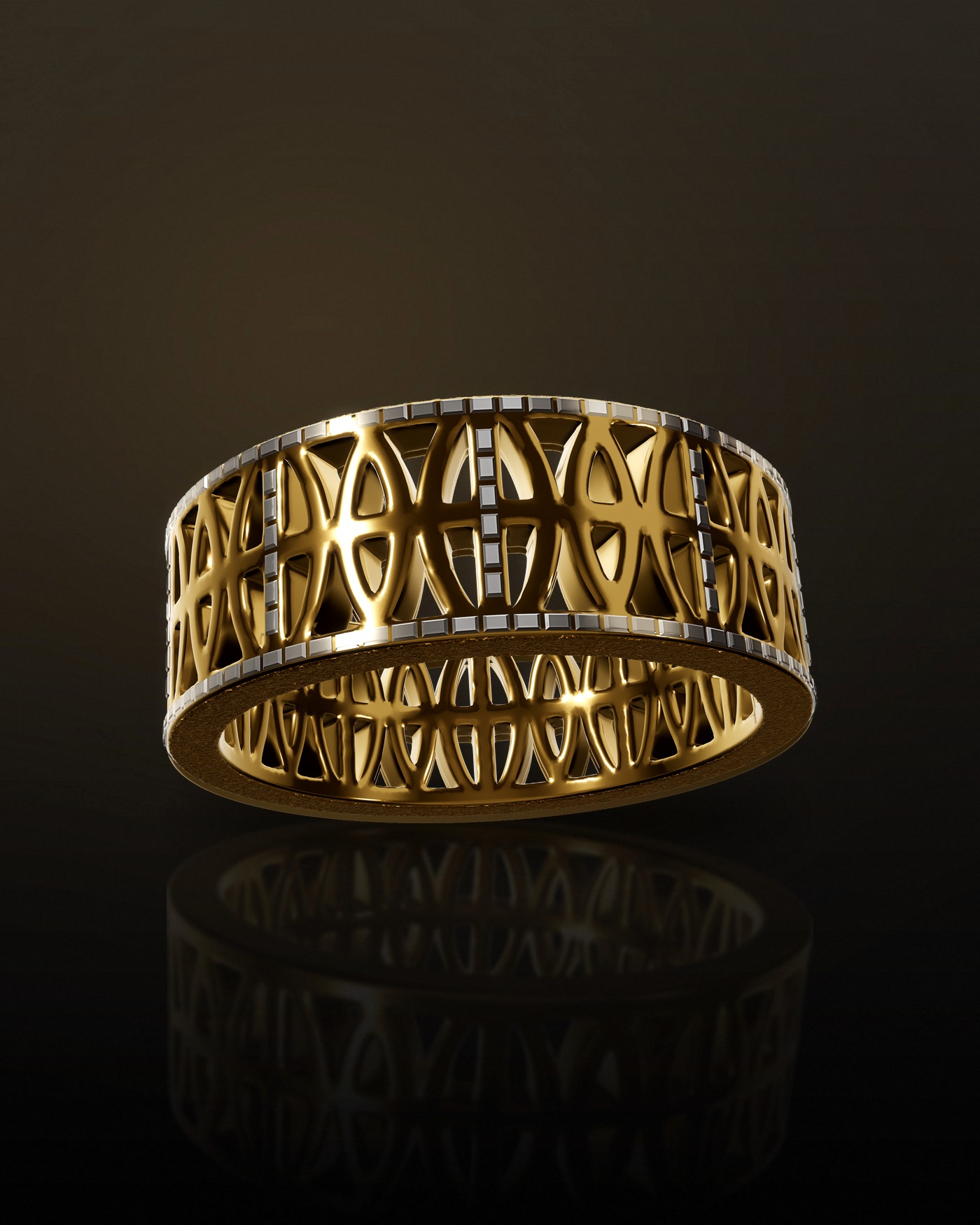 The Loyalty Band in 18k yellow gold, set with baguettes along both rails and up each vertical bar, frosted rims