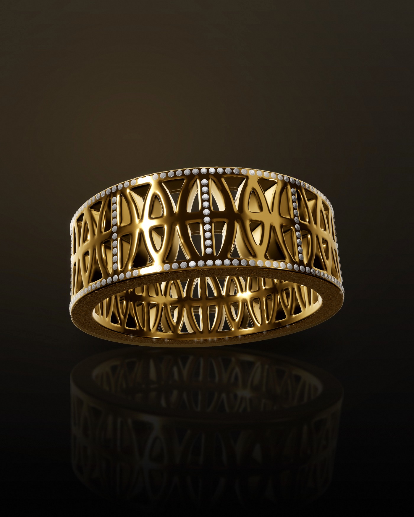 The Loyalty Band in 18k yellow gold, set with round brilliants along both rails and up each vertical bar, frosted rims